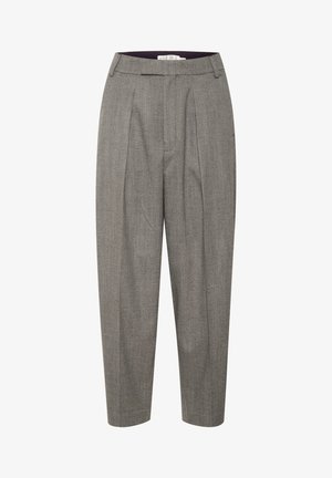 Grau gestreifte Stoffhose im Fischgrätenmuster, mit flachem Bund und schmal zulaufendem Bein, aus einem glatten Material gefertigt.