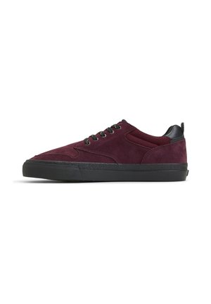 Burgundy suede sneakers with black rubber sole, featuring round laces and mesh accents on the side for ventilation.