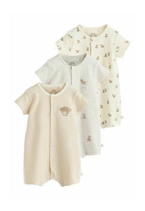 Three short-sleeve baby rompers in soft beige and white with cows and polka dot patterns, front snap buttons, and round necklines.