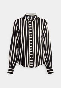 Camicia con bottoni in pattern a righe bianche e nere, dotata di maniche lunghe, colletto e maniche con polsini con dettagli a righe a contrasto.