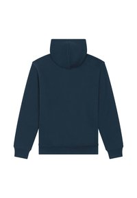 Felpa blu navy realizzata in tessuto misto cotone, con cappuccio regolabile, maniche lunghe e polsini e orlo a coste. Nessuna grafica visibile.