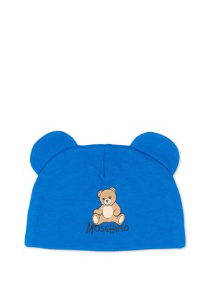 Niebieska dziecięca czapka z uszami misia i małą grafiką misia z napisem "Moschino" z przodu.