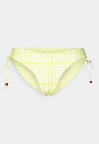 Parte de baixo de bikini em amarelo e branco com padrão quadriculado, com atilhos ajustáveis nas laterais e pequenos detalhes em conta de vidro vermelha. Tecido suave e liso.