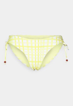 Parte de baixo de bikini em amarelo e branco com padrão quadriculado, com atilhos ajustáveis nas laterais e pequenos detalhes em conta de vidro vermelha. Tecido suave e liso.