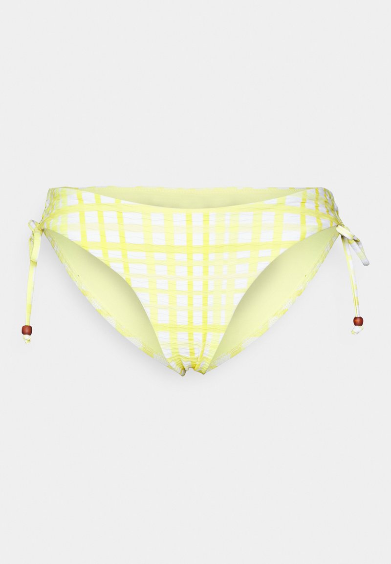 Parte de baixo de bikini em amarelo e branco com padrão quadriculado, com atilhos ajustáveis nas laterais e pequenos detalhes em conta de vidro vermelha. Tecido suave e liso.