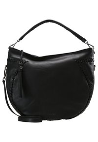 Czarna skórzana torebka w kształcie luźnego hobo. Posiada plecione detale po bokach, chwost oraz dwa sposoby noszenia: krótki uchwyt i regulowany pasek.