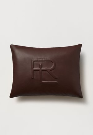 Brown leather pillow with a smooth texture, featuring a debossed logo. Rectangular shape with rounded edges, minimalist design.