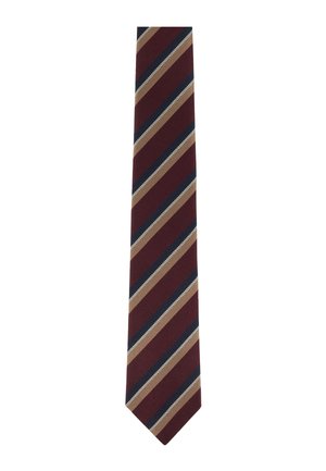 Cravatta da uomo con righe diagonali in bordeaux, blu navy e beige, con piccoli puntini bianchi lungo le righe.
