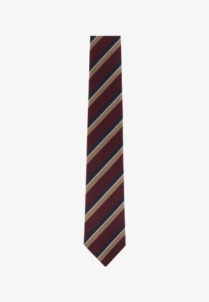 Cravatta da uomo con righe diagonali in bordeaux, blu navy e beige, con piccoli puntini bianchi lungo le righe.
