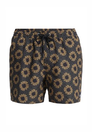 Mustat uimapipot, joissa on kullankeltainen kukkakuosi, joustava vyötärönauha ja kiristysnyöri, valmistettu kevyestä kankaasta.