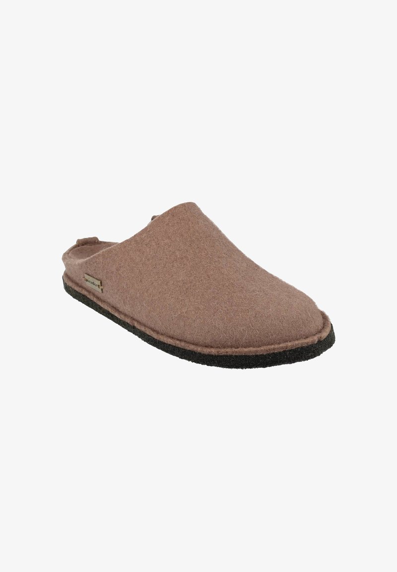 Ruskeat huopaiset liukuvaimennus-tossut pyöreällä kärjellä, mustalla kumipohjalla ja vähäisellä ompelemisella reunassa. Pehmeä tekstuuri.