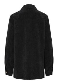 Černá manšestrová bunda s špičatým límcem, knoflíkovými manžetami a rovnými zády. Texturovaná tkanina s jemným žebrovaným vzorem.