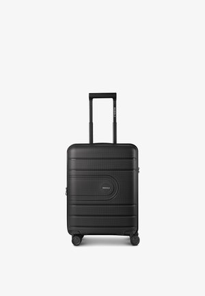 Schwarzer Hartschalenkoffer mit vier Spinner-Rollen, einem Teleskopgriff mit der Beschriftung "REDOLZ," und einem runden Logo auf der Vorderseite.