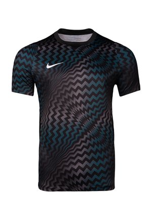 Czarna i ciemnoturkusowa sportowa koszulka z krótkim rękawem z wzorem zygzakowatej spirali i białym logo Nike na piersi.