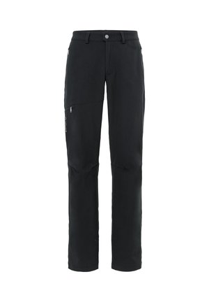 Schwarze Softshell-Hosen mit geradem Schnitt, mit Reißverschlusstaschen und verstärkten Knien. Glatte Textur, geeignet für Outdoor-Aktivitäten.