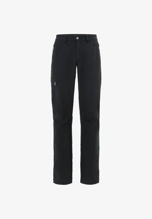 Black softshell pants with a straight cut, zippered pockets, and reinforced knee areas. Smooth texture, suitable for outdoor activities.