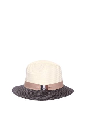 Two-tone fedora hat with cream crown, dark woven brim, and light brown band featuring a small tag at the front.