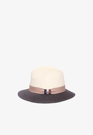 Two-tone fedora hat with cream crown, dark woven brim, and light brown band featuring a small tag at the front.