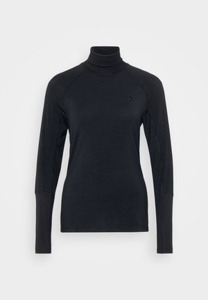 Schwarzes Rollkragenshirt mit langen Ärmeln, aus einem strukturierten Material gefertigt. Verfügt über Raglanärmel und ein kleines Logo auf der Brust.