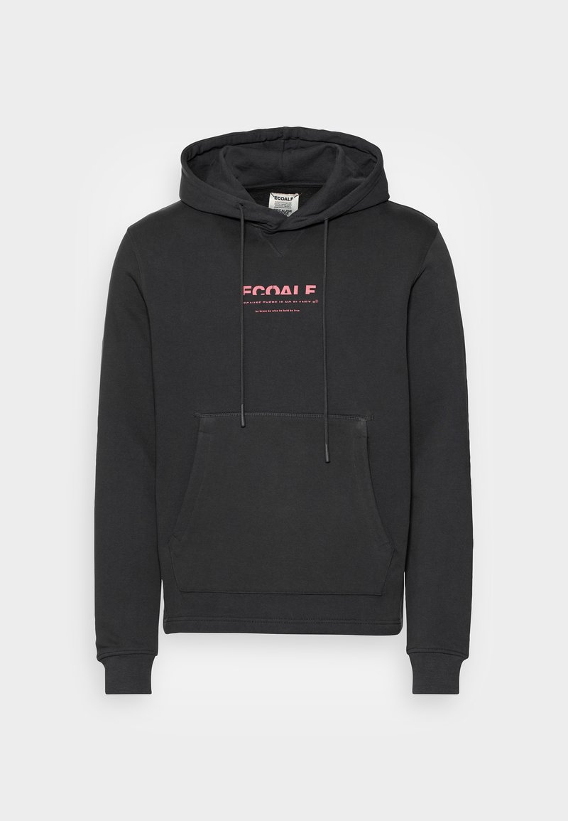 Sweat à capuche noir avec poche avant et logo rose "ECOALF" centré sur la poitrine.