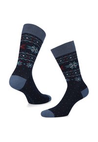 Granatowe skarpetki o wzorze z białymi i czerwonymi akcentami, prążkowanym mankietem oraz niebieskimi kropkami na gładkiej fakturze.