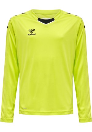 Langarm voetbalshirt in helder neon geel, met een V-hals ontwerp, zwarte accenten op de schouders en een merklogo op de borst.