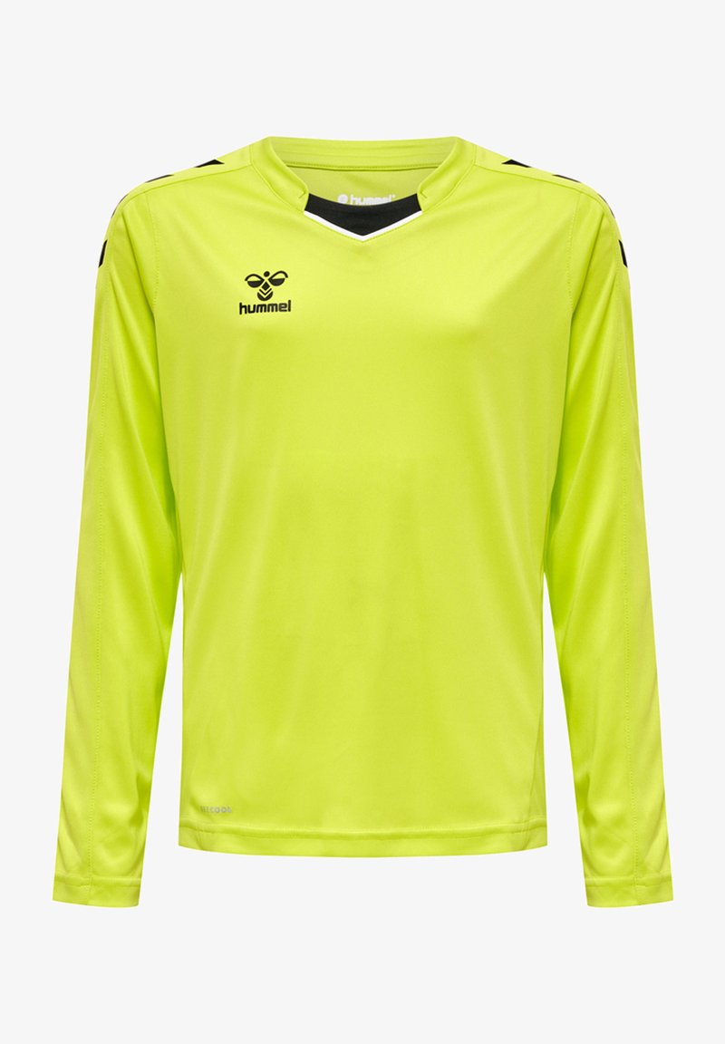 Langærmet fodboldtrøje i klar neongul, med V-halsdesign, sorte accenter på skuldrene og brændmærke logo på brystet.