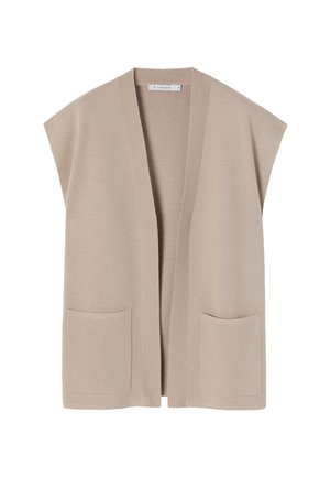 Beige, åben-front vest med korte ærmer, lavet af blødt stof. Har to frontlommer og et simpelt, afslappet fit design.
