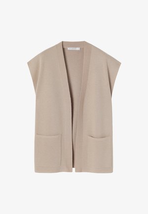 Beige, åben-front vest med korte ærmer, lavet af blødt stof. Har to frontlommer og et simpelt, afslappet fit design.