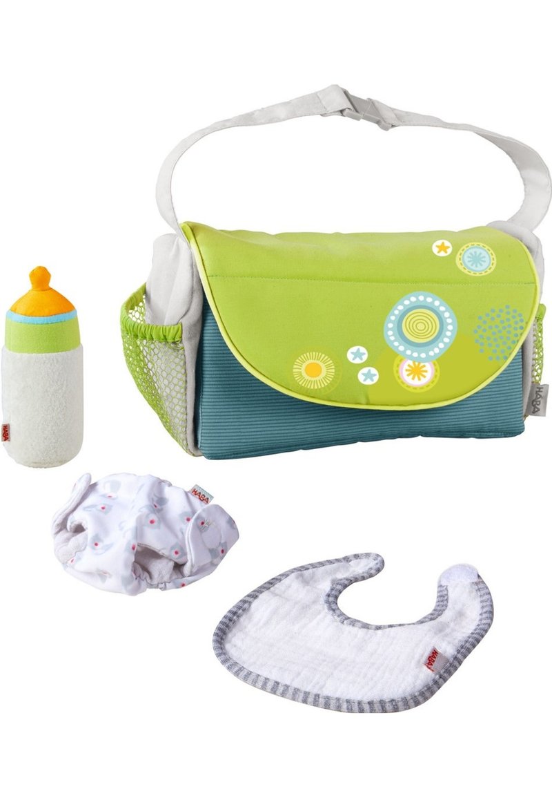 Green and blue diaper bag with decorative accents, includes a soft toy bottle, white diaper with pink dots, and gray-striped bib.