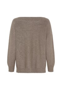 Overdimensioneret brun striktrøje med en bred halsudskæring, lange ærmer, ribbede manchetter og kant. Blød tekstur med en let løs pasform.