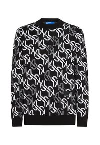 Melnas džemperis ar atkārtotu baltu logu rakstu. Ribota apkakle un aproces, mīksta dzijas tekstūra un neliela zīmola etiķete apakšmalā.