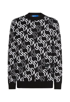 Pulover negru cu un model repetitiv de logo alb. Guler și manșete cu nervuri, textură moale de tricot și o mică etichetă a mărcii la tiv.