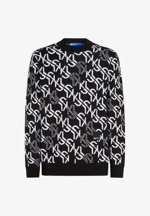 Pulover negru cu un model repetitiv de logo alb. Guler și manșete cu nervuri, textură moale de tricot și o mică etichetă a mărcii la tiv.