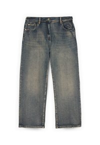 Jeans de mezclilla azul oscuro con un diseño de pierna recta, acabado desgastado, detalles de costura, dos bolsillos frontales y un cierre de botón en la cintura.