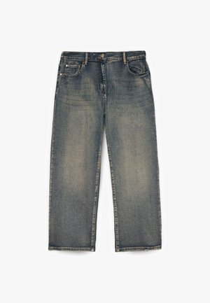 Jeans in denim blu scuro con design a gamba dritta, finitura sbiadita, dettagli cuciti, due tasche frontali e chiusura a bottone in vita.