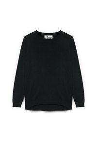 Maglione nero a maglia con maniche lunghe, scollo rotondo e spacco laterale. Texture morbida, design semplice e senza motivi o accenti visibili.