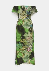 Robe maxi verte épaules dénudées avec imprimé feuilles et fleurs tropicales et taille élastique.