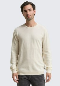 Mann mit kurzen, dunklen Haaren, gekleidet in einem cremefarbigen Langarmpullover und dunkelgrauen Jeans, steht vor einem einfarbigen, hellgrauen Hintergrund.