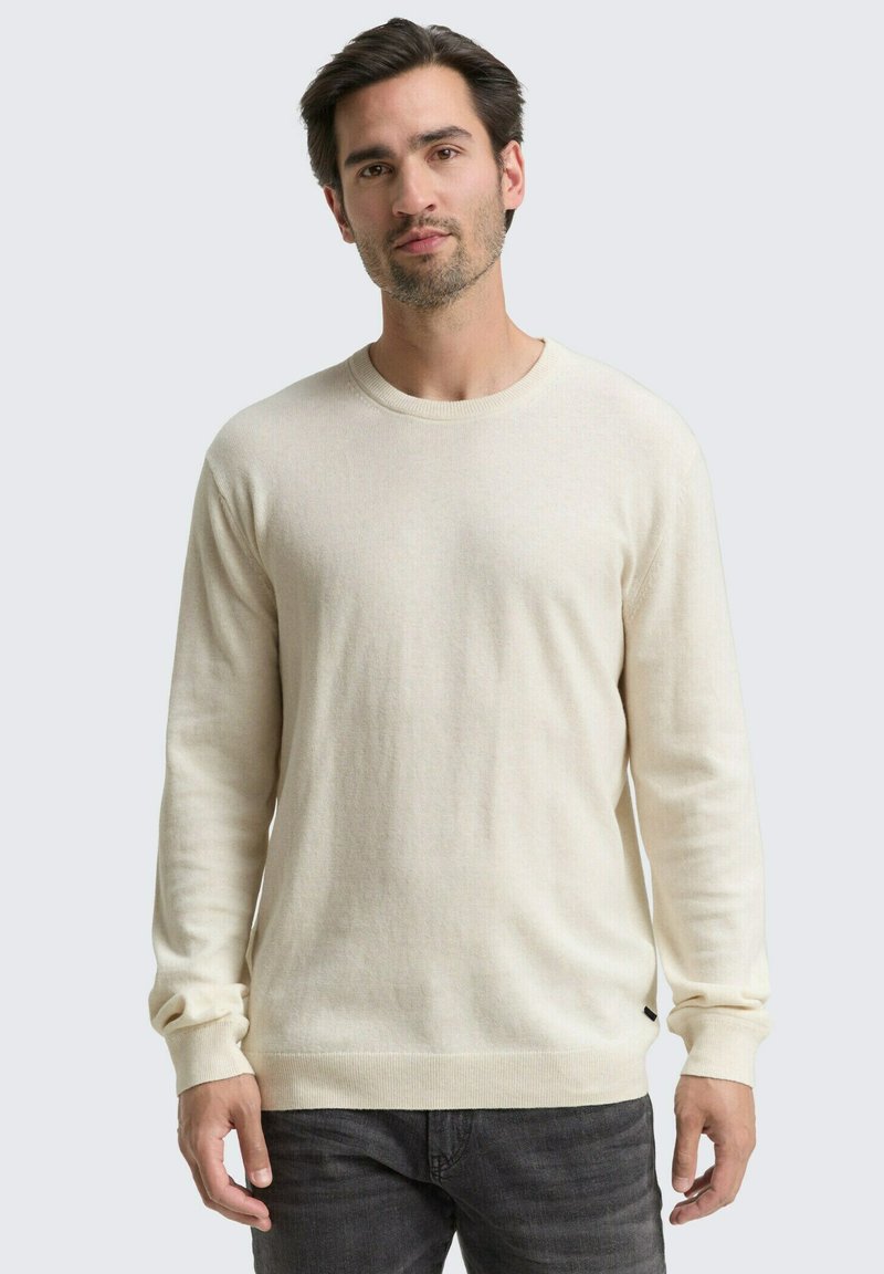 Mann mit kurzen, dunklen Haaren, gekleidet in einem cremefarbigen Langarmpullover und dunkelgrauen Jeans, steht vor einem einfarbigen, hellgrauen Hintergrund.