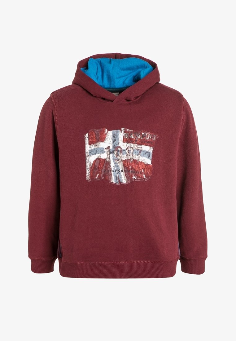 Sweat à capuche bordeaux avec un intérieur bleu, orné d'un graphisme d'un drapeau et de l'année "1987". Tissu doux avec des poignets et un ourlet côtelés.