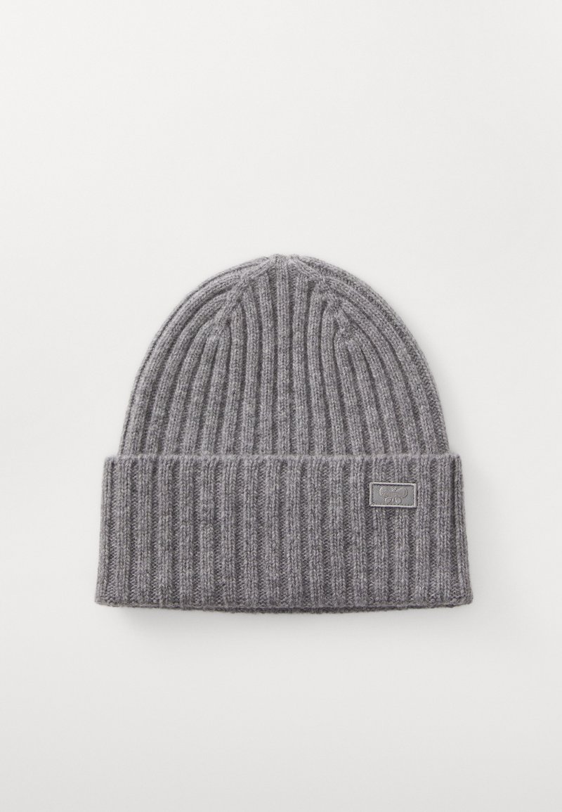 Gray ribbed knit beanie with a folded cuff and a small logo tag on the front. Soft texture, cylindrical shape, minimalistic design.