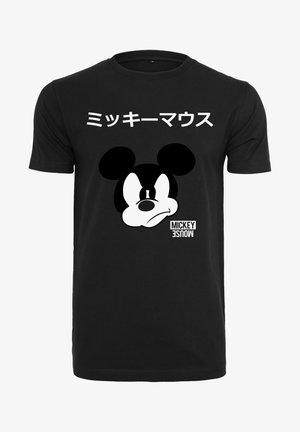 Tricou din bumbac negru cu un grafic al feței lui Mickey Mouse, având text japonez deasupra și cuvântul "Mickey" dedesubt, scris cu alb.