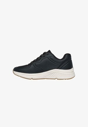 Black athletic shoes with textured leather upper, white midsole, and rubber outsole. Features black laces and subtle design lines on the sides.