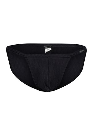 Black swim brief made of smooth fabric, featuring a textured pattern, elastic waistband, and a minimalist design. No visible logo.