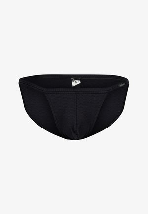 Schwarze Schwimmshorts aus glattem Stoff, mit einem strukturierten Muster, elastischem Bund und minimalistischem Design. Kein sichtbares Logo.