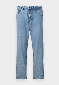 Calças de ganga azul-claro com design de perna reta, apresentando fecho de correr, cinco bolsos e textura sutilmente desgastada.