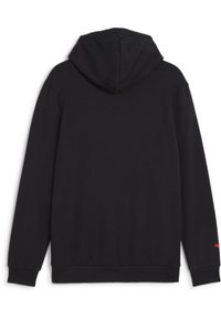 Felpa nera con una texture morbida, maniche lunghe e cappuccio. Presenta polsini e vita a coste, con un dettaglio del logo rosso sulla manica sinistra.