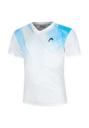 White short-sleeve athletic shirt with a blue gradient on one side, featuring flowing lines and a small black logo near the neckline.