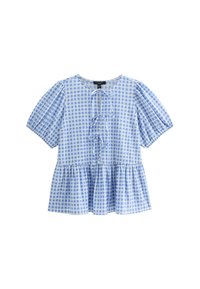Himmelblaue Gingham-Bluse mit kurzen puffigen Ärmeln, figurbetontem Oberteil und schwingendem Peplum-Saum. Verfügt über ein zentrales Bindedetail. Aus Baumwollmischung.